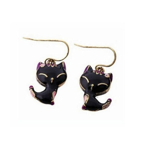 Charming Cat Black Drop Earrings