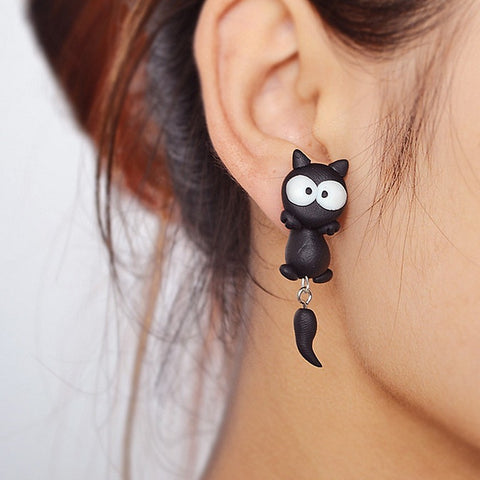 Black Kitty Earrings With Dangling Tails